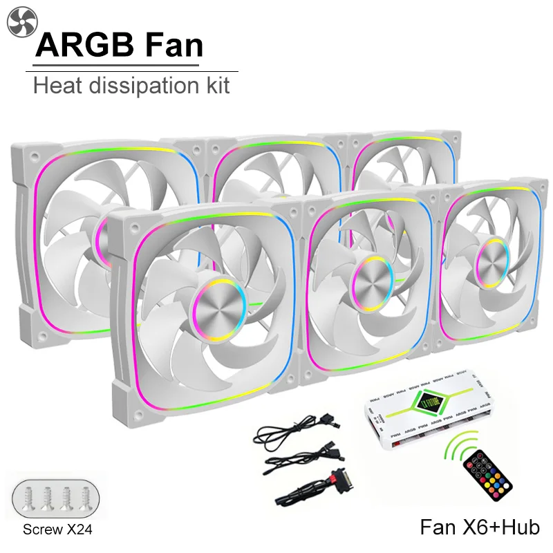 Cooling Fan Kit 6x120mm ARGB Fan + 9-Port PWM ARGB Hub Magnetic Back PC Cooling Fan Controller Remote Control (Battery Not Incl)