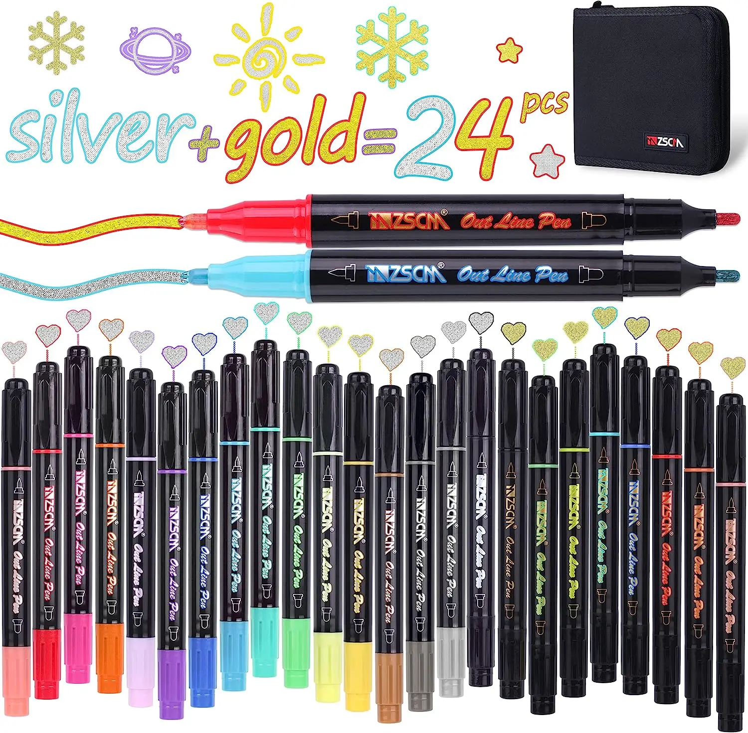 

Double Line Glitter Shimmer Metallic Markers, 24 Colors Double Tipped Self-Outline Paint Pens Set, for Greeting Card Drawing