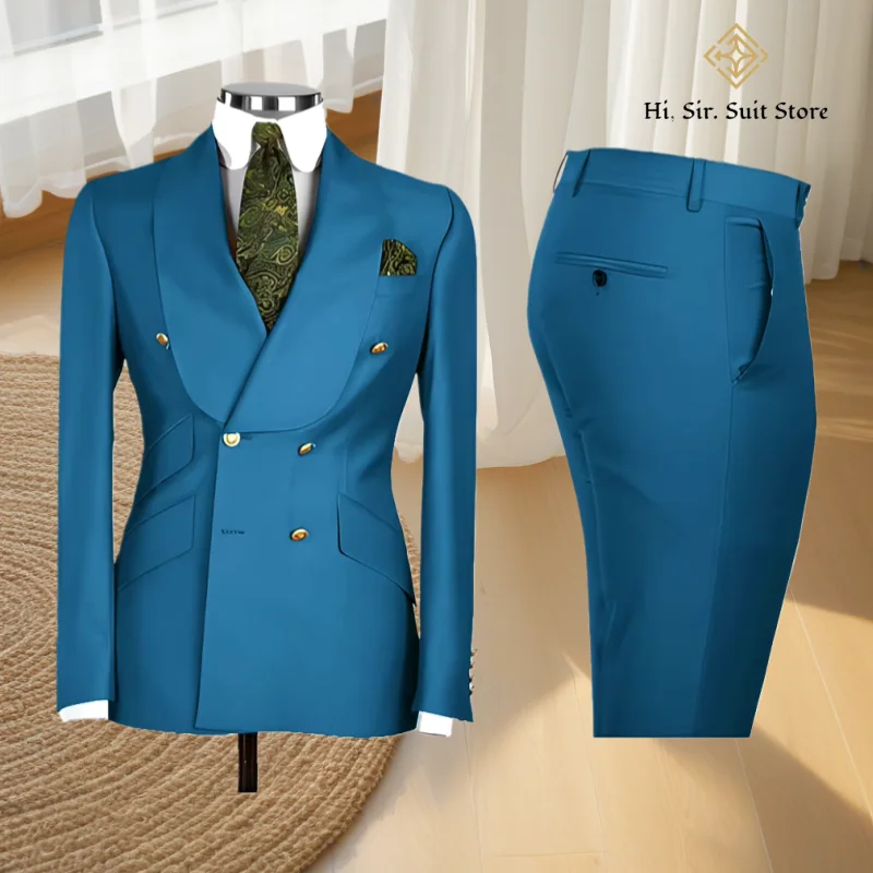 Горячие синие мужские костюмы Шикарный двубортный пиджак с пиковыми лацканами Элегантный деловой комплект Мужской 2-х предметный пиджак Брюки Свадебные смокинги для жениха