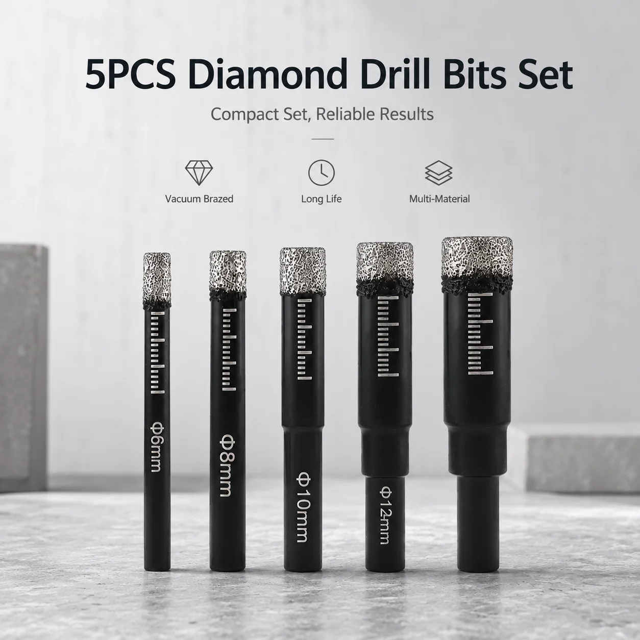 5Pcs Vacuum Brazed Diamond Drill Bits Set 6‑14mm, Hole Saw Cutter for Porcelain Tile Marble Glass DIY Drilling Tool
