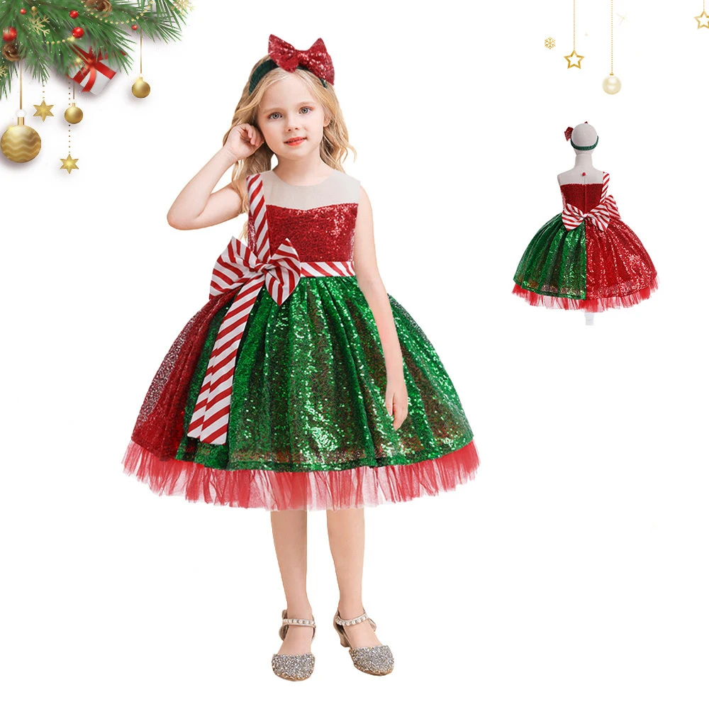 

Kids Girls Sequin Christmas Red White Striped Bowknot Princess Dresses Xmas Santa Elf Carnival Party Performance Tulle Tutu Gown