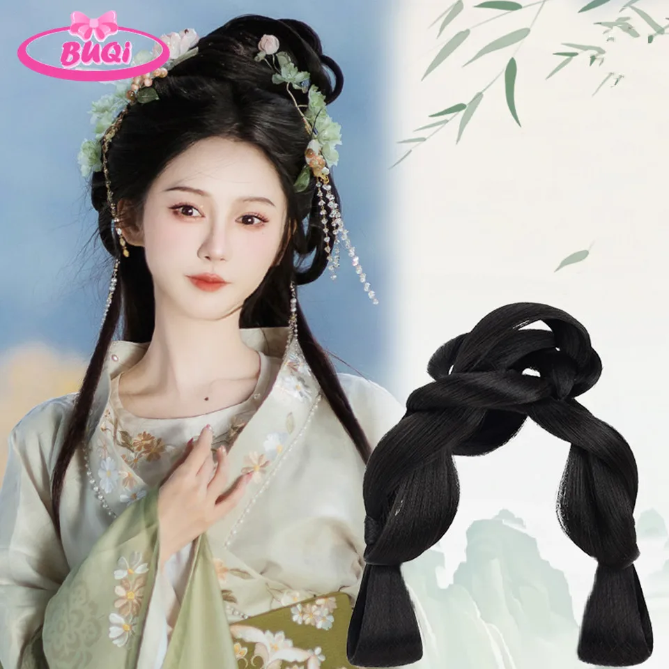 BUQI Chinese Ancient Wig Women Hanfu Wigs Nakrycie głowy Fotografia Taniec Akcesoria Peruki Czarne Dla Kobiet Zintegrowany kok Włosów Wysoki te