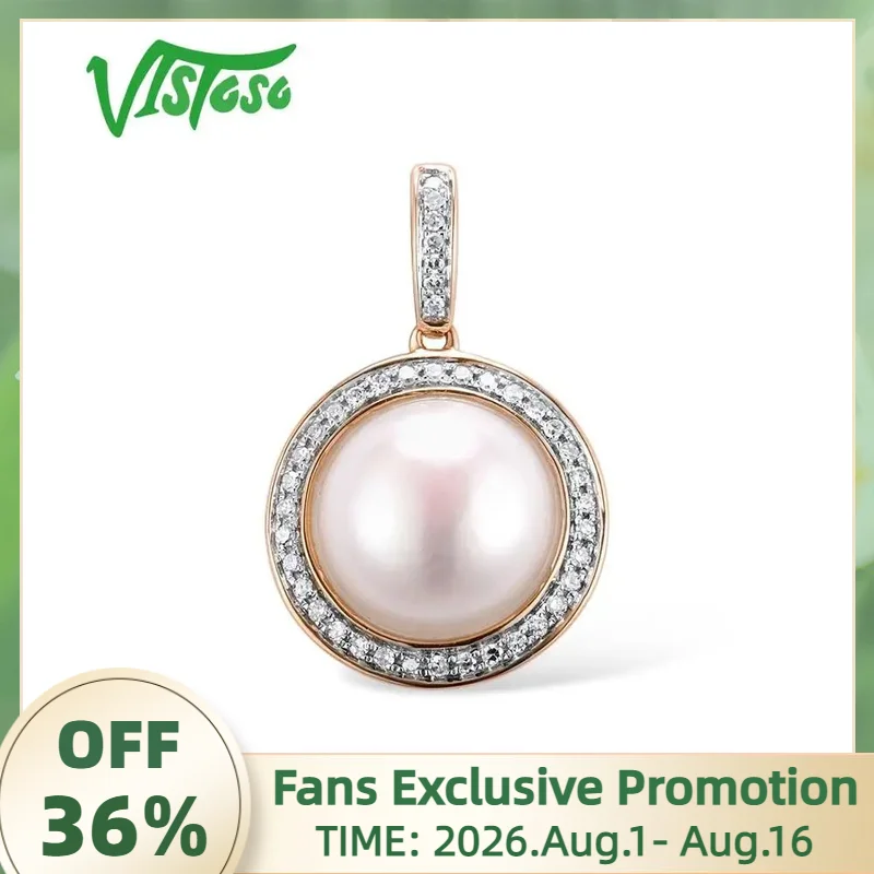 VISTOSO Gold Pendant For Women Pure 14K 585 Rose Gold Sparkling Diamond Elegant Fresh Water Pearl Pendant For Lady Fine Jewelry