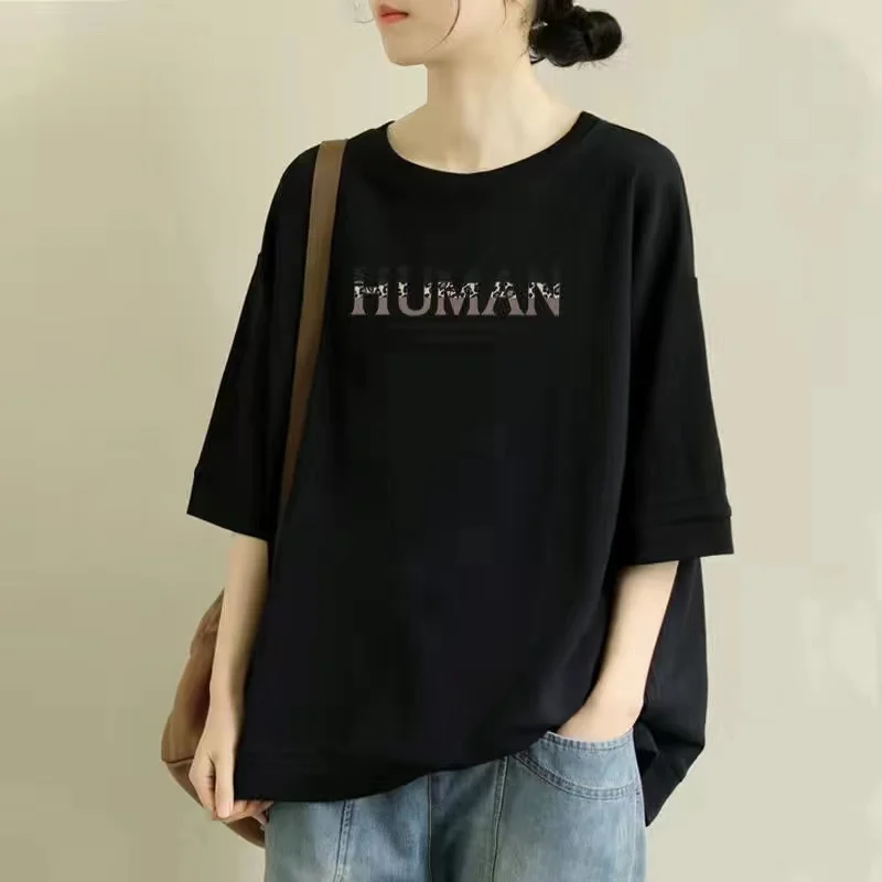 

Женская футболка из чистого хлопка с коротким рукавом, базовый слой, большие размеры, повседневная, удобная, дышащая, с круглым вырезом, пуловер, весна-лето