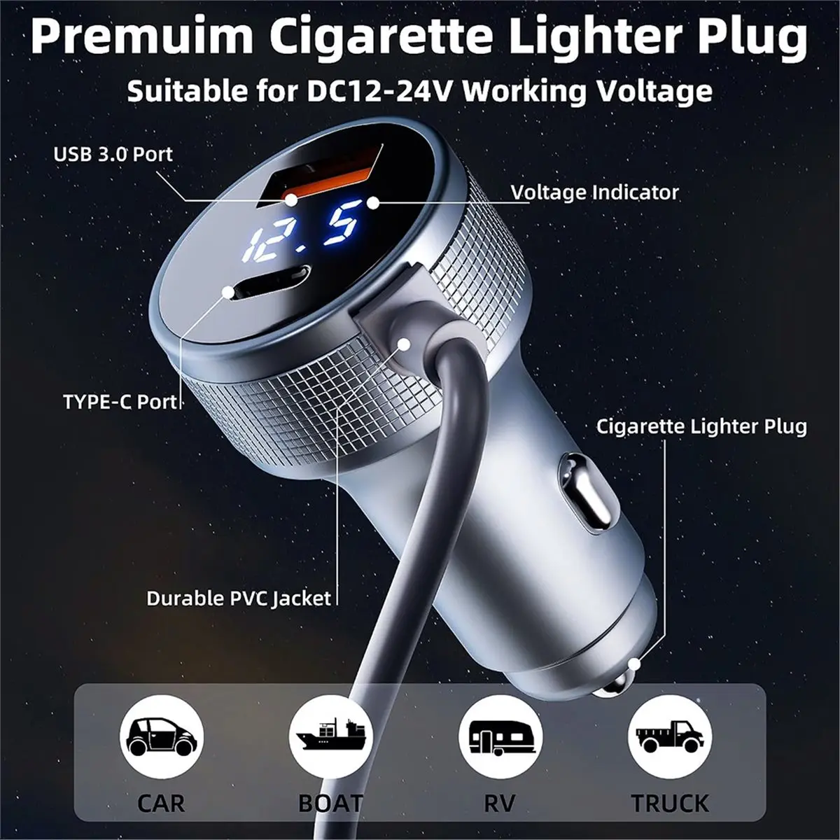 Power Cable for Car Adapter with Step Up Converter 12-36V DC USB-A/USB-AC 120W Lighter 3meter