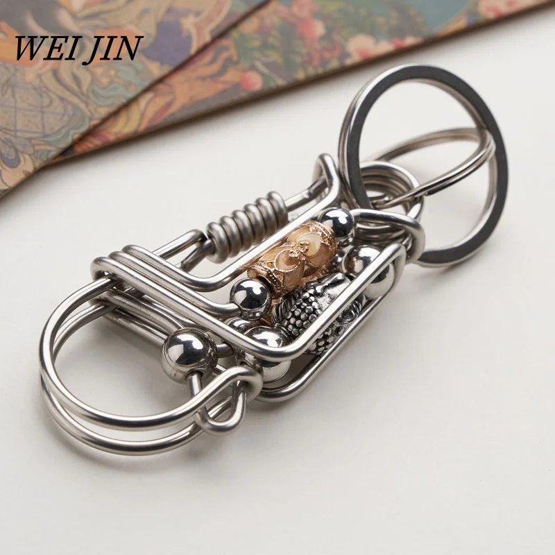 Stainless Steel Keychains 3 Wire ,Color Bead Car Keyring, Engraved Buddha Statue Mechanical Style Hook Buckle Men Gift Trinket