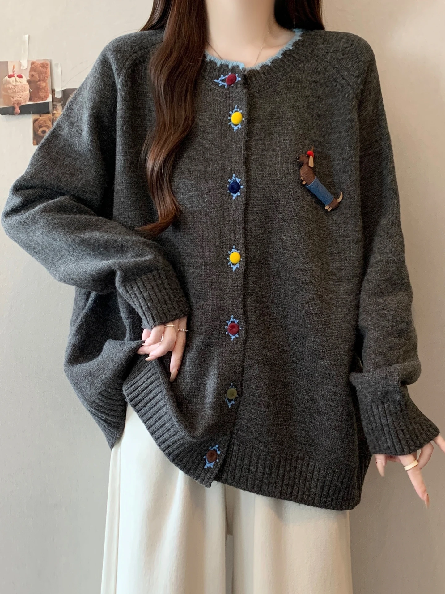 

Thiened Loose Knitted Sweater Coat for Women with Embroidery Long Sve round Ne Cardigan Warm Fluffy Outerwear Coat