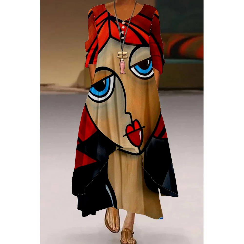 2022 Style Animation Abstract Painting Style Spring And Autumn Long Sleeve Dress Knee Length Dress s-5xl Loose Comfortable Dress