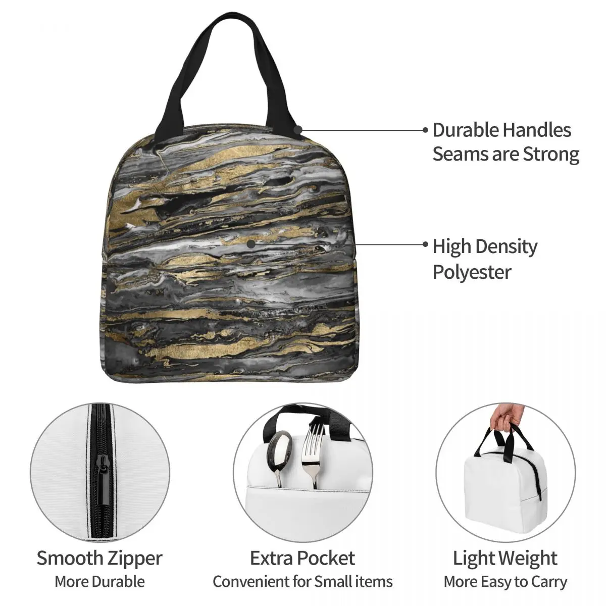 Stylish Gold บทคัดย่อ Marbleized สีถุงอาหารกลางวันฉนวนถุงเก็บความร้อน Reusable Gold Marble Texture แบบพกพา Tote กล่องอาหารกลางวัน