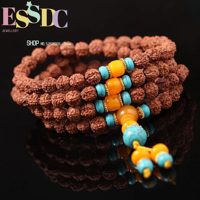 

New Style 8mm Natural Tibetan Rudraksha 108 Beads Prayer Mala Bracelet Classic Buddhist Jewelry Yoga Healing Necklace Wholesale