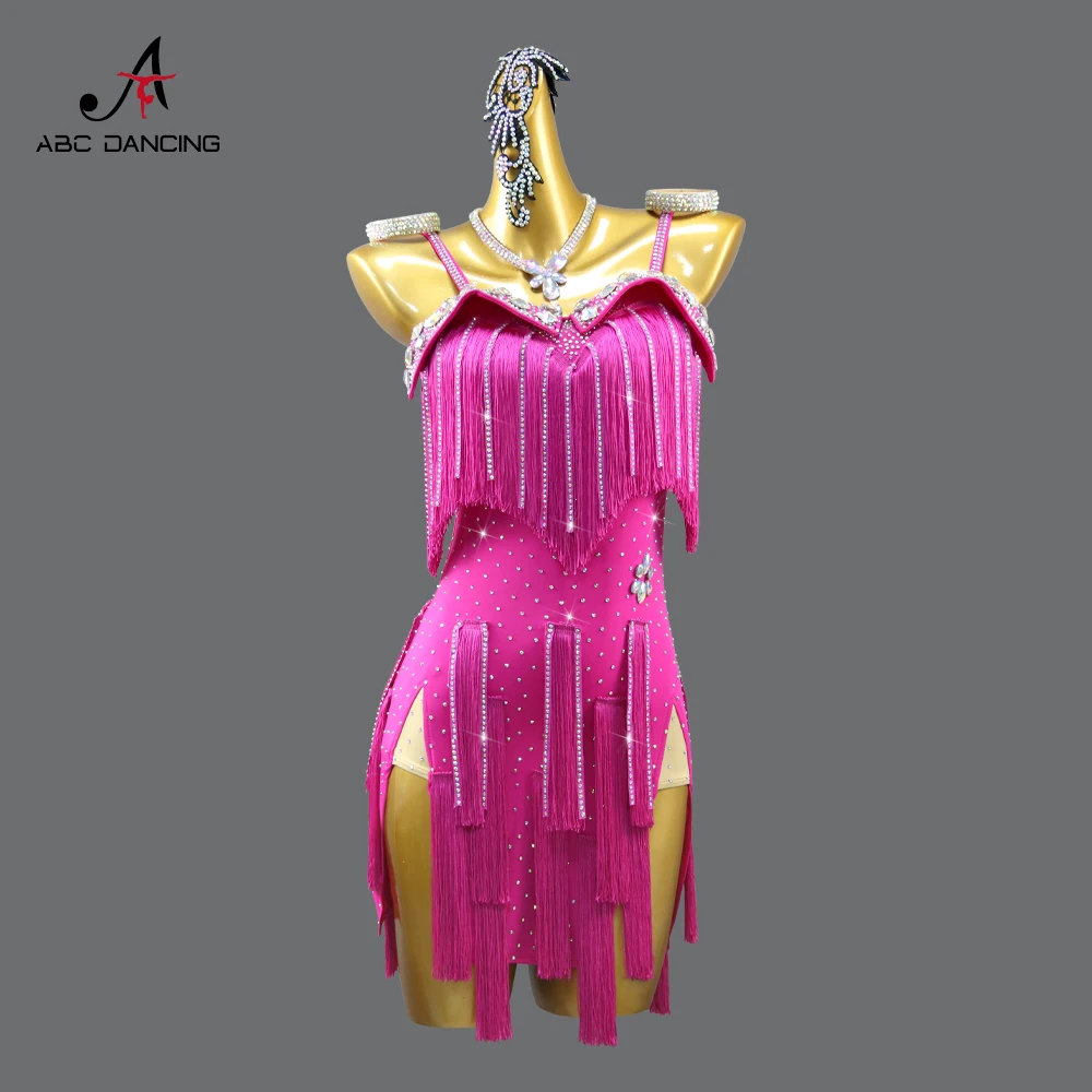 Vestido de flecos de competición de baile latino para mujer, ropa de salón, ropa de práctica de salón, falda de fiesta, color rojo profesional, novedad