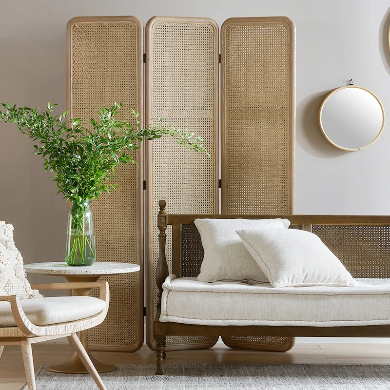 Nordic rattan woven screen, solid wood living room, mobile partition wall, simple retro folding screen