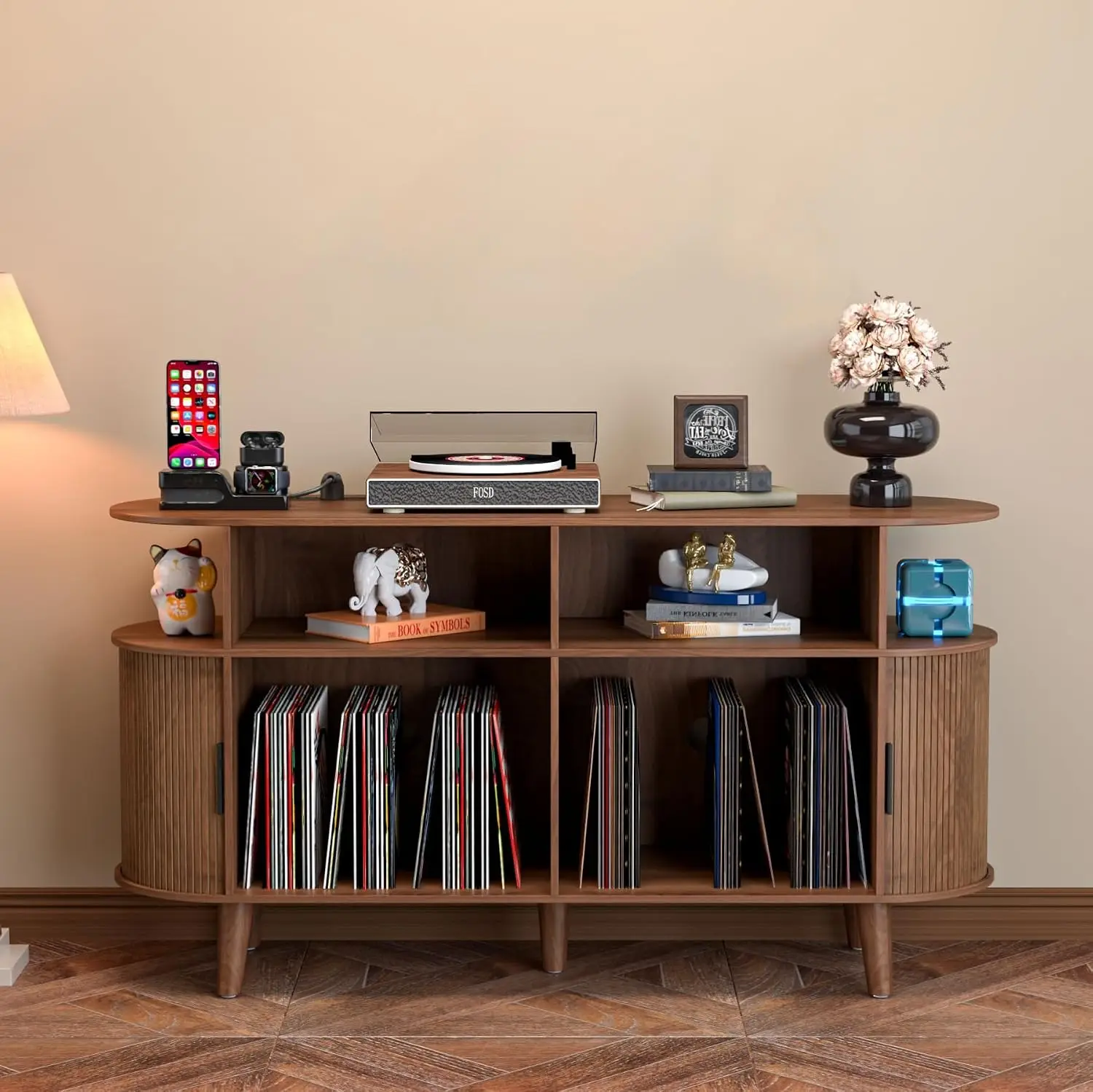 Round Vinyl Record Player Stand with Charging Station & USB Ports, Customized