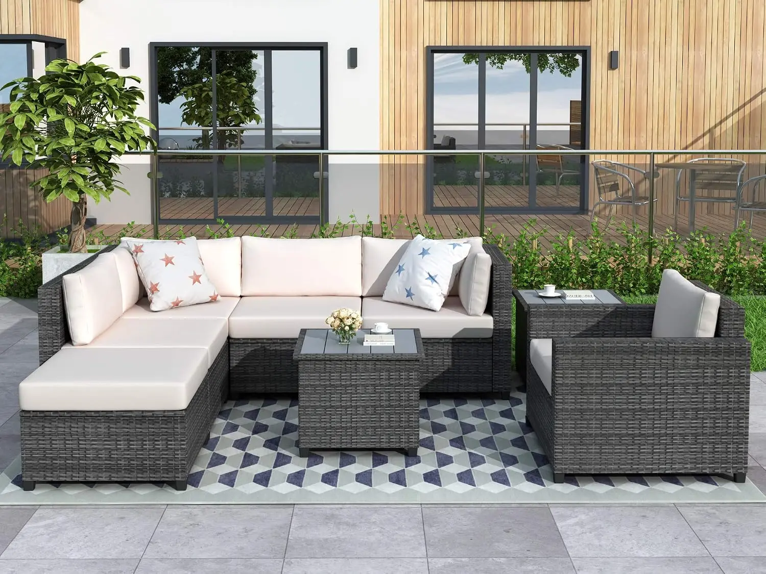 8 Piece Rattan Outdoor Sectional Sofa Set With Cushions, Patio Furniture, Wicker Garden Seating, Customized