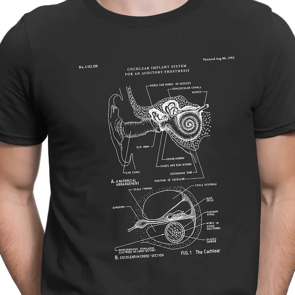 Cochlear Implant Patent Print Art 1985 T Shirt Audiology Clinic Hearing Deaf Bioengineer Pt383