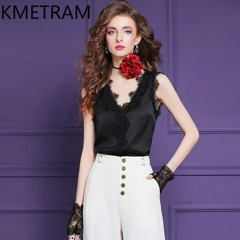 KMETRAM Elegant Lace Trim Camisole Women V-Neck Sleeveless Summer Ladies Tops Luxury Casual Tanks Tops 2026 Woman Clothes одежда