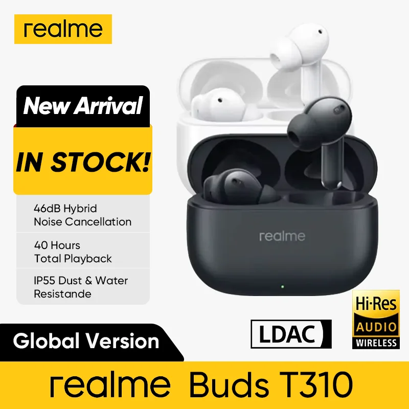 Global Version realme Buds T310 Bluetooth 5.4 Headset IP55 Waterproof 46 dB Active Noise Cancellation 40 Hours Battery Power