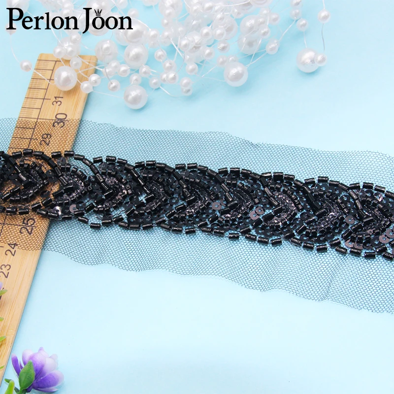 5 Yards Braid Shape Sequin Black Gold Glass Beaded Imitation Handmade Mesh Lace Trim DIY Sew Decorated for Clothing Dress HB090