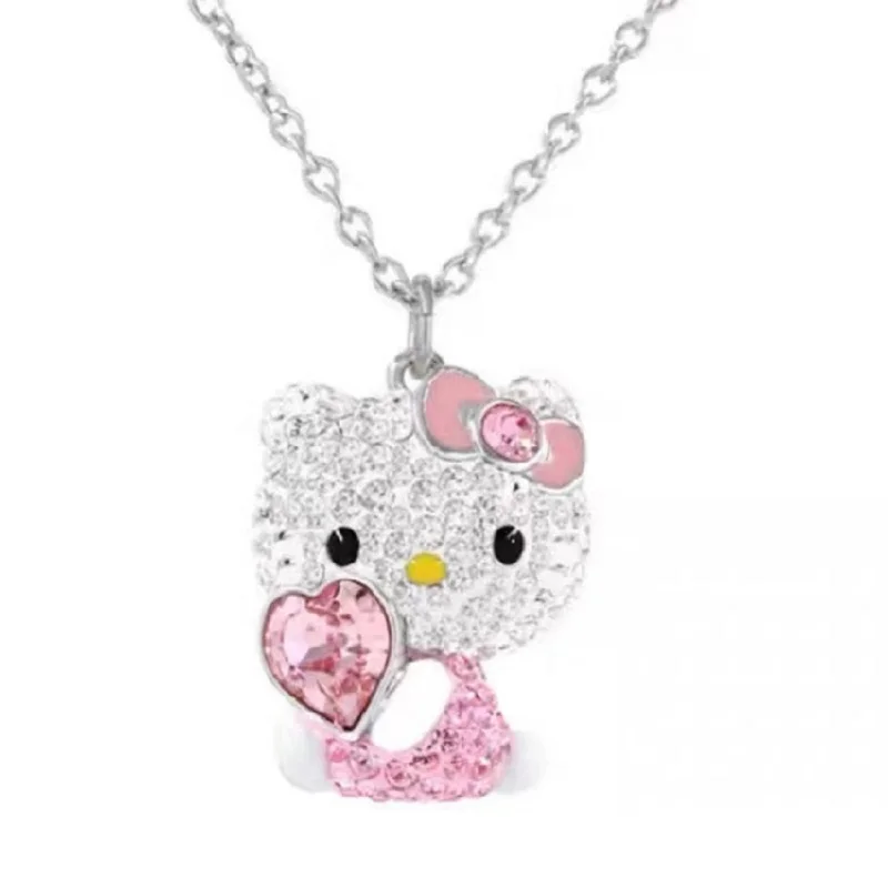 Kawaii Sanrio Hello Kitty Necklace Anime Diamond Pink Heart Pendant Temperament Fashion Clavicle Chain Girl Holiday Gifts