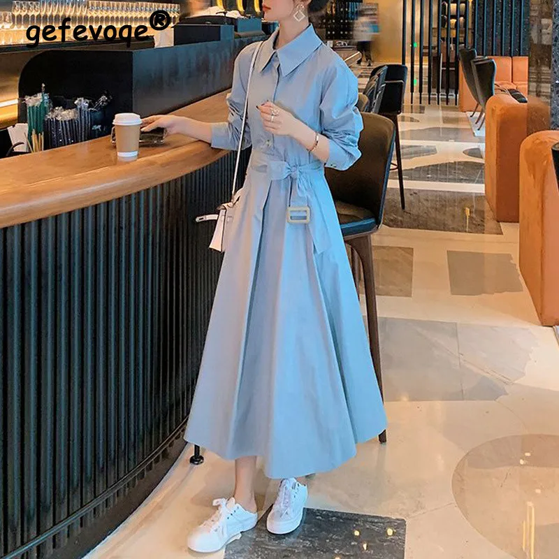 Vintage French Style Sweet Fairy Belt Party Dresses for Women Spring New Fashion Slim Blue Streetwear Shirt Midi Dress Vestidos