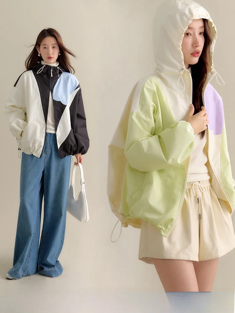 

Uare Original Design Tulip Floral Splicing Hat Jacket Fashion Sporty Floral Print Long Sleeve Women's Windbreaker Coat