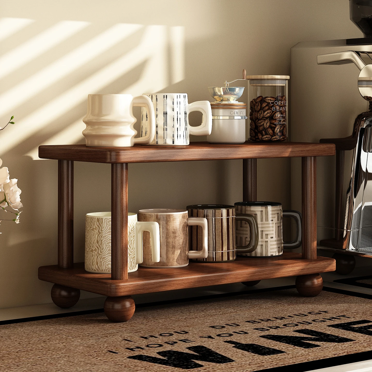 holder desktop cup storage rack water coffee holder countertop double-layer solid wood display rack
