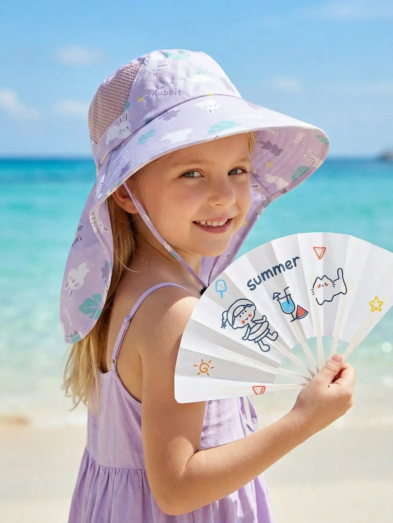 Cartoon Cape Kids Summer Sun Fisherman Hat & Fan 2Pcs Set view 3