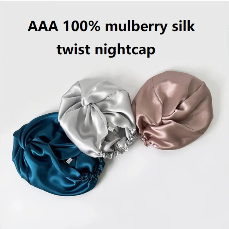 

Double Layers 100% mulberry Silk 6A Twisted Sleeping Bonnet Natural Silk Turban With Elastic Ribbon Women Hair Care 19Momme