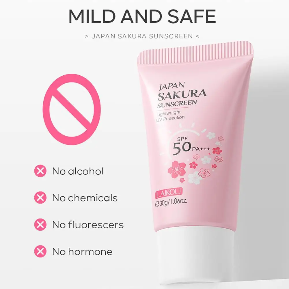 Mild Safe Sakura UV‑Block Sunscreen 30g, LAIKOU SPF50+ Water‑Resistant Sun Cream, Lightweight Hydrating Concealing Soothing