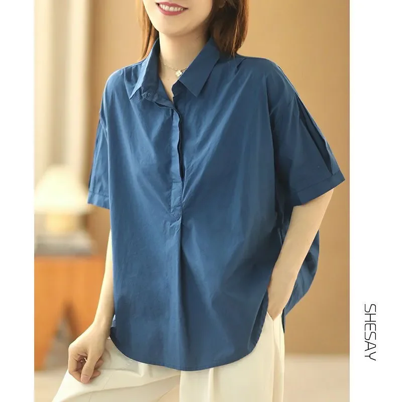 

Свободная однотонная повседневная универсальная рубашка с короткими рукавами из чистого хлопка в ленивом стиле, женская летняя новинка