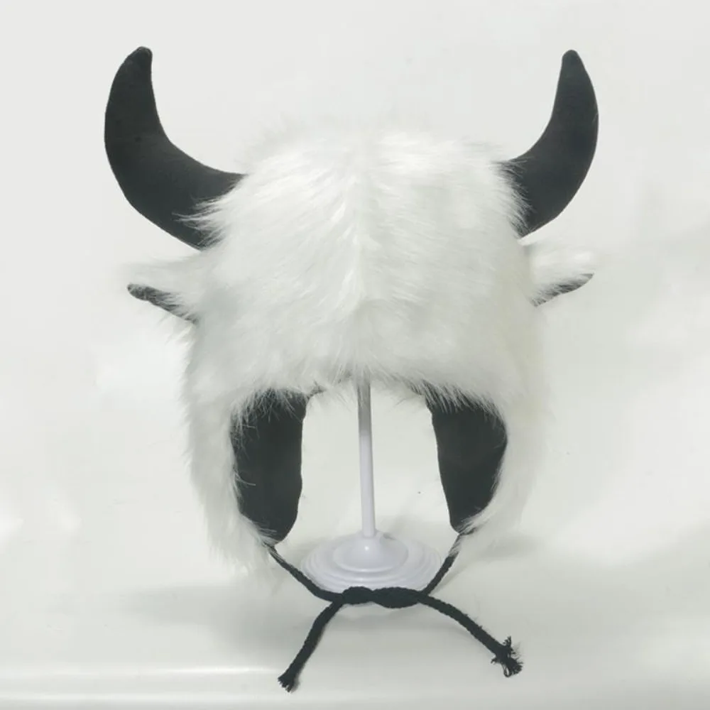 High Quality Unisex Bullhead Plush Hat Thick with Horns Bison Hat Fluffy Windproof Cotton Hat