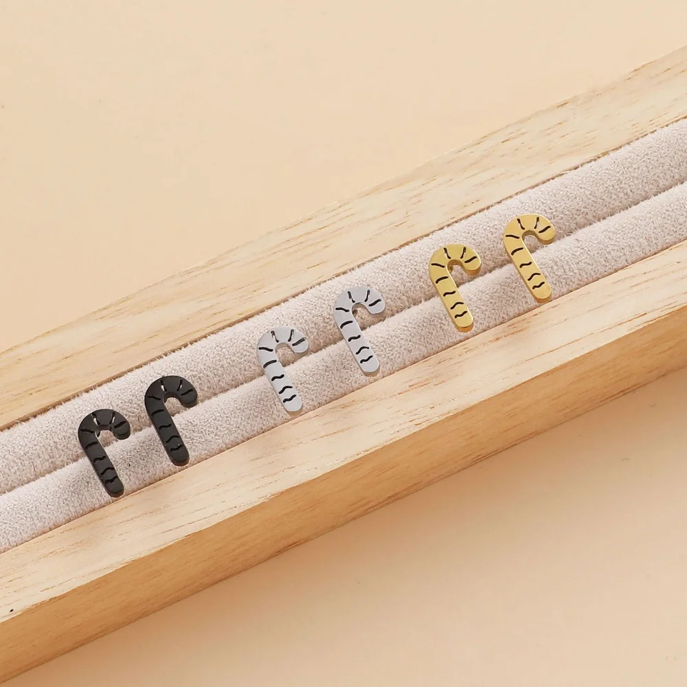Stainless Steel Cute Christmas Crutches Stud Earring For Women Three Colors Fashion Waterproof Ear Jewelry Anniversary Gift
