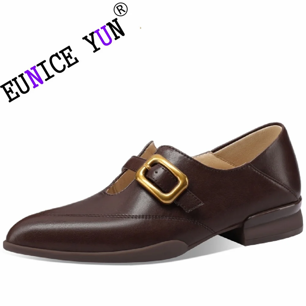 

【EUNICE YUN】New Spring Women Pumps Genuine Leather Shoes for pointed Toe Chunky Heel Shoes Retro Mid-heel Retro Shoes 34-40