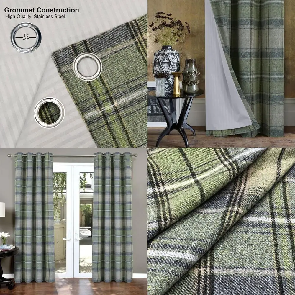 

Modern Green Plaid Curtains, 45x84 Inches, Checkered Wool Look for Living Room & Bedroom
