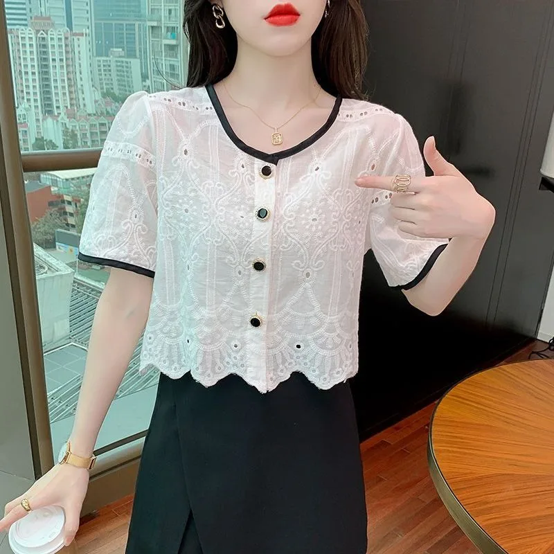 Women\'s Clothing Summer Button Short Sleeved Cardigan Hollow Out Round Neck Contrast Color T-shirt Casual Elegant All-match Tops