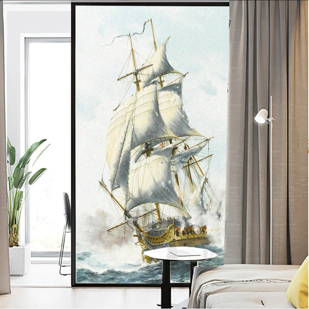 No Glue Window Film Privacy Frosted Glass Sticker Heat Insulation and Sunscreen Sailboat Painting  Window Sticker