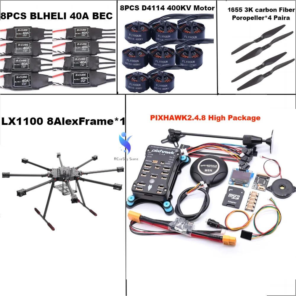 RCtoSky LX1100 Full Carbon Fiber 1100mm Octa-Rotor Frame BLHELI 40A ESC 2.4.8 M8N Flight Comtrol Set D4114 Motor