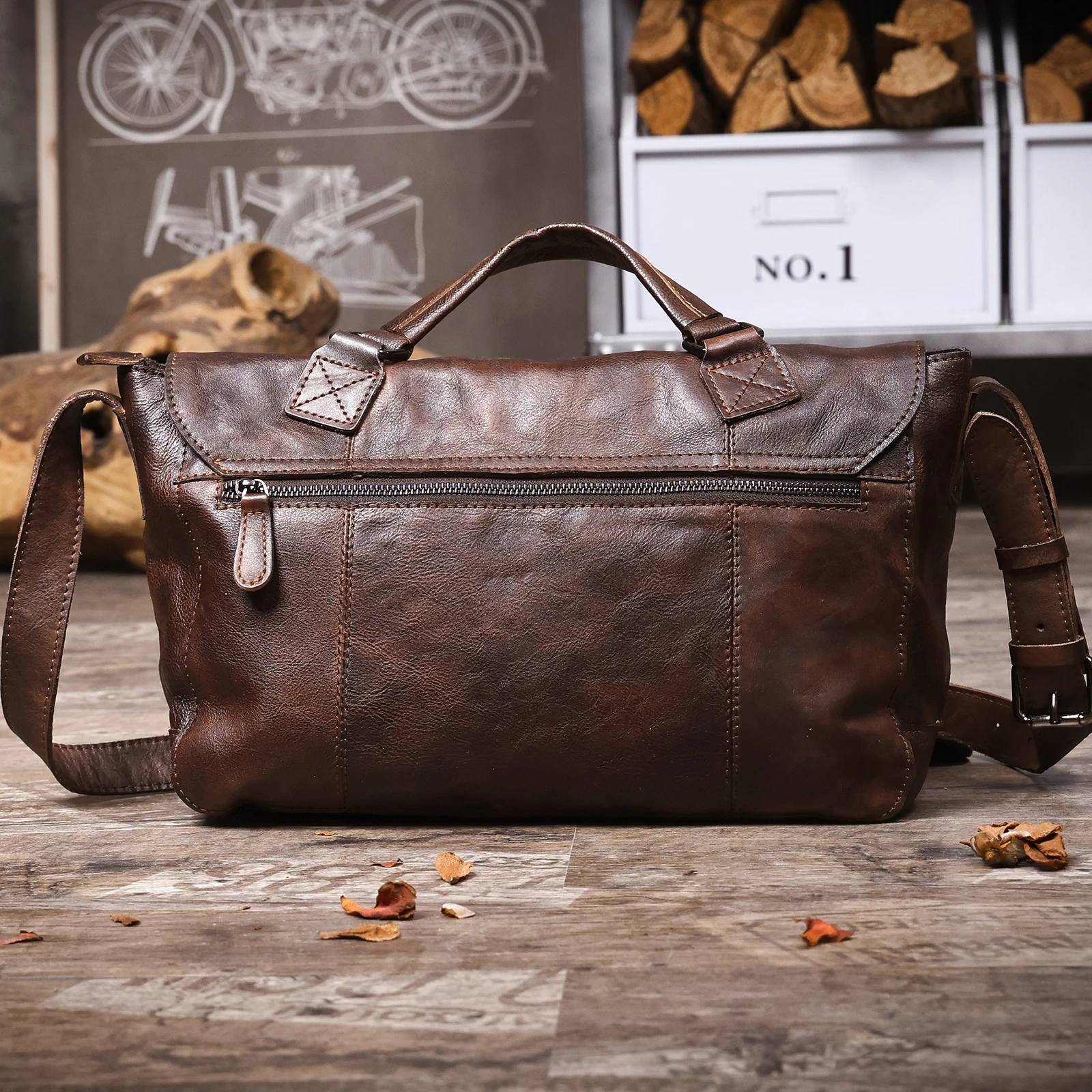 Vintage Herren-Umhängetasche aus hochwertigem Leder, lässige Messenger-Tasche, große horizontale quadratische Schultertasche – Detail 9