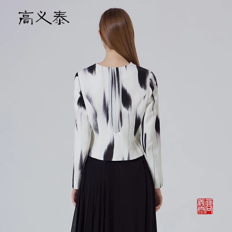 Gaoyitai silk printed heavy crepe de chine 47 momme deep V-neck single row pearl-button long-sleeved retro short coatWY158