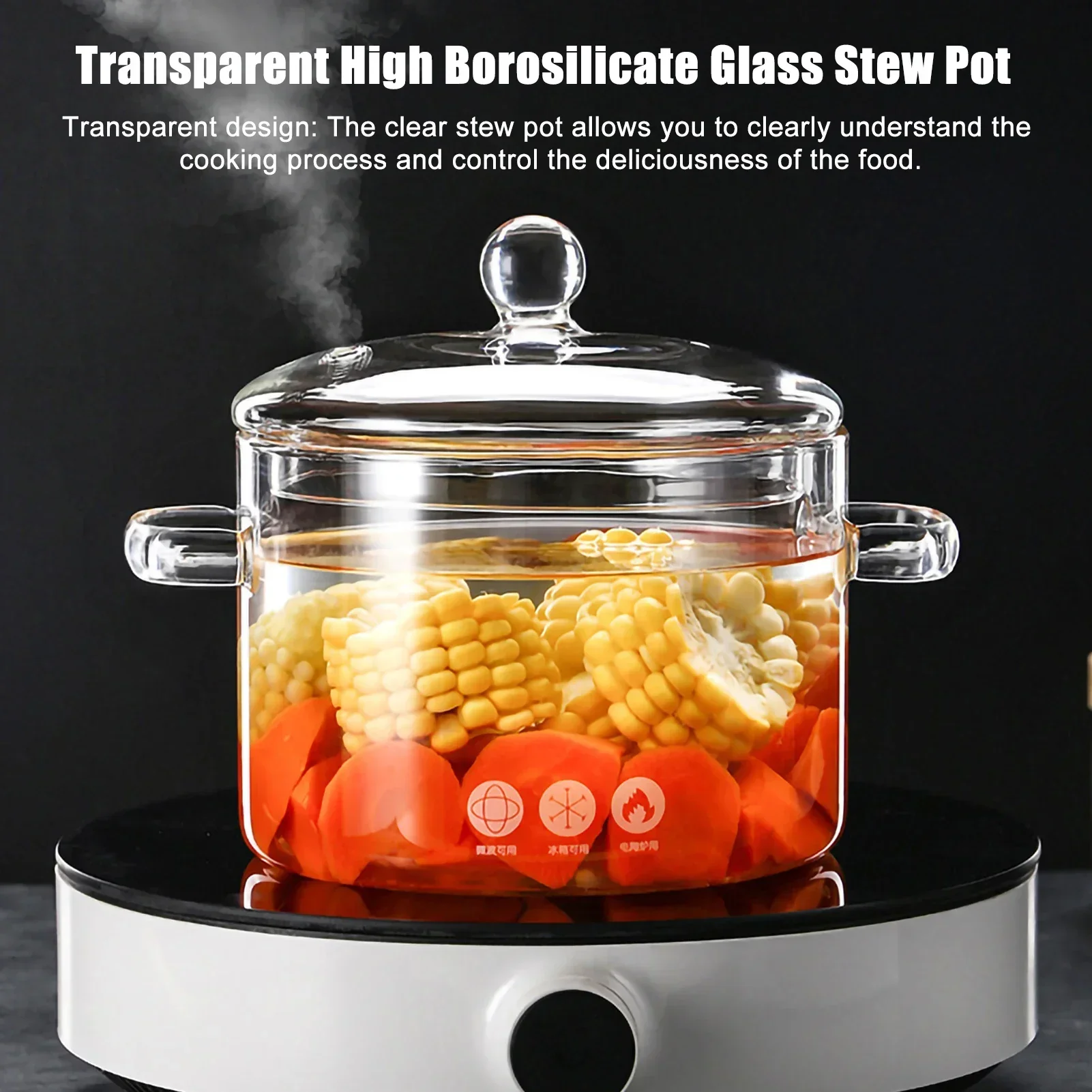 

Household Glass Crock Pot Transparent High Borosilicate Multifunctional Portable Handle with Lid Household Cookware