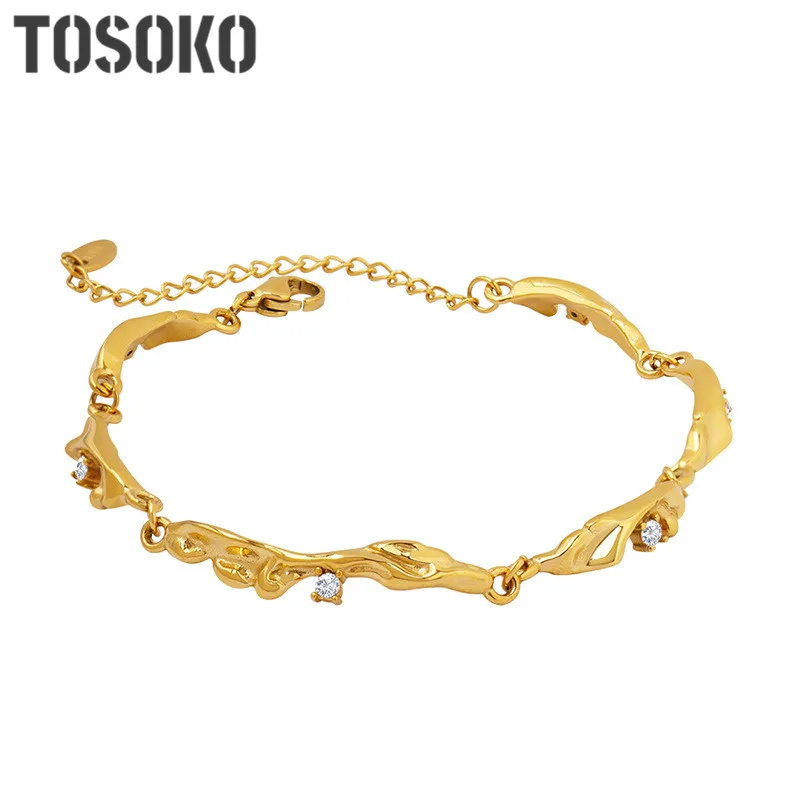 

TOSOKO Stainless Steel Jewelry Geometric Twist Shining Zircon Inlaid Bracelet Women's Fashion Bracelet BSE364