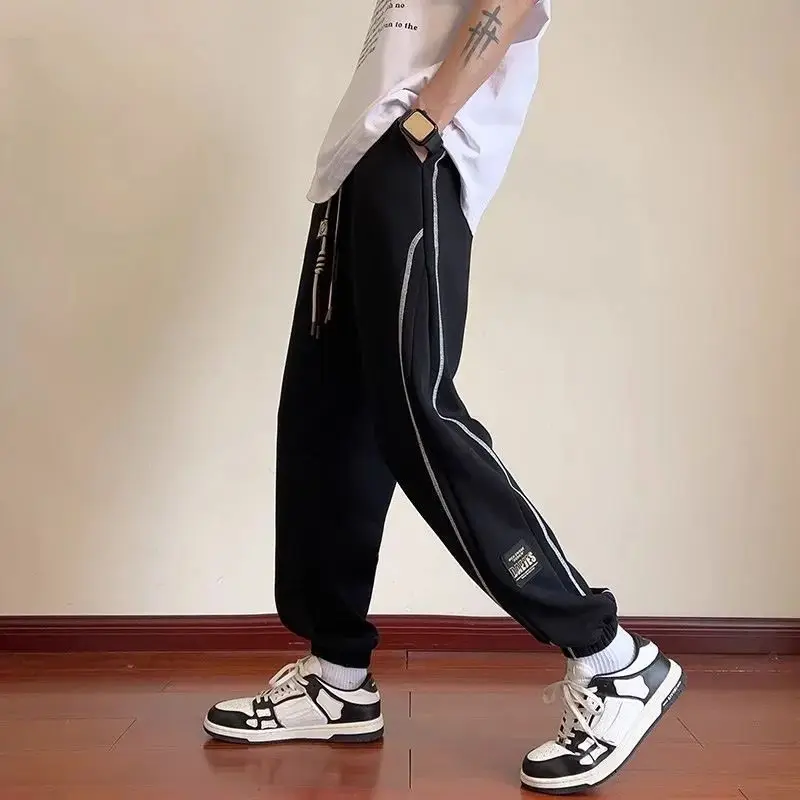 Trendy Version Personalized Street Fashion Loose Casual Pants Men's Patchwork Pocket Striped Drawstring Straight Sports Trousers