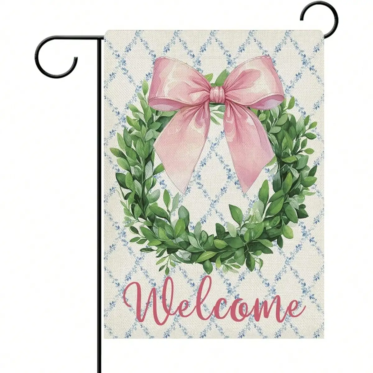 Welcome Pink Bow Wreath Decorative Garden Flag, Coquette Ribbon Eucalyptus Leaves Yard Outside Home Decoration, Botanical Floral Outdoor Small Decor Double Sided 12 X 18
