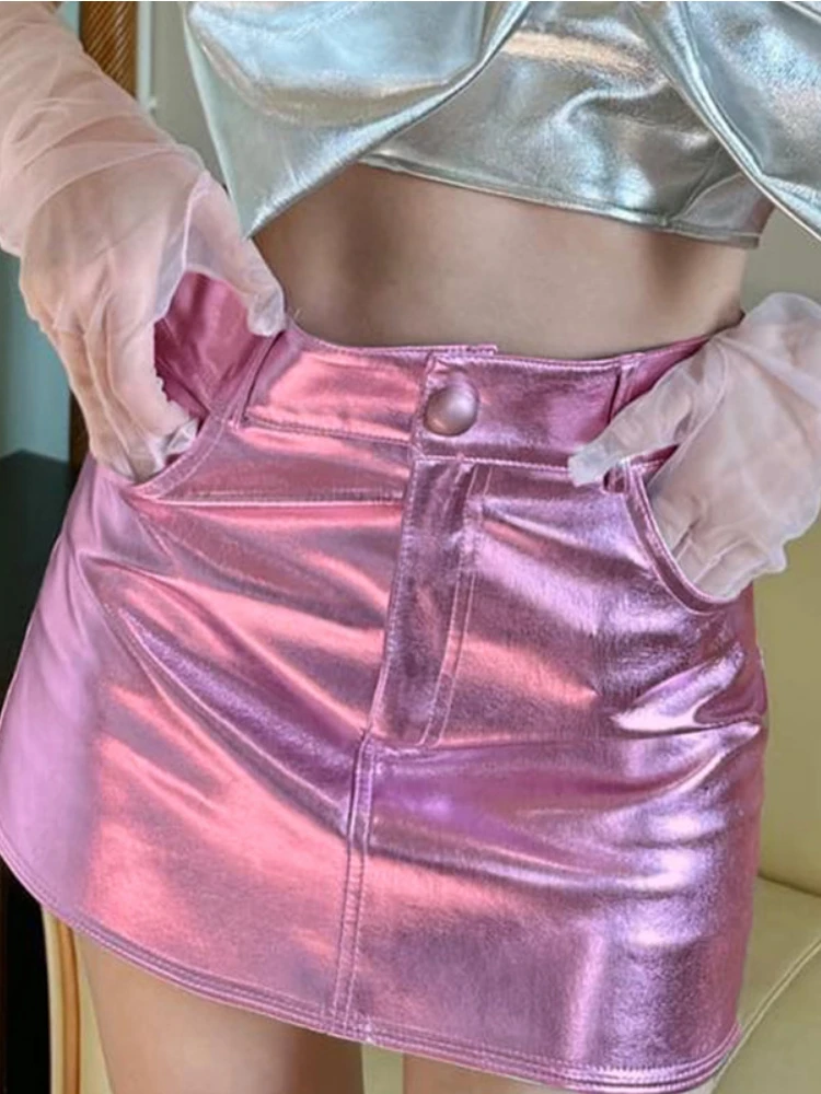 Summer Autumn Pink Silver Reflective Shiny Patent Leather Mini Skirts for Women High Waist A Line Short Sexy Y2K Clothes