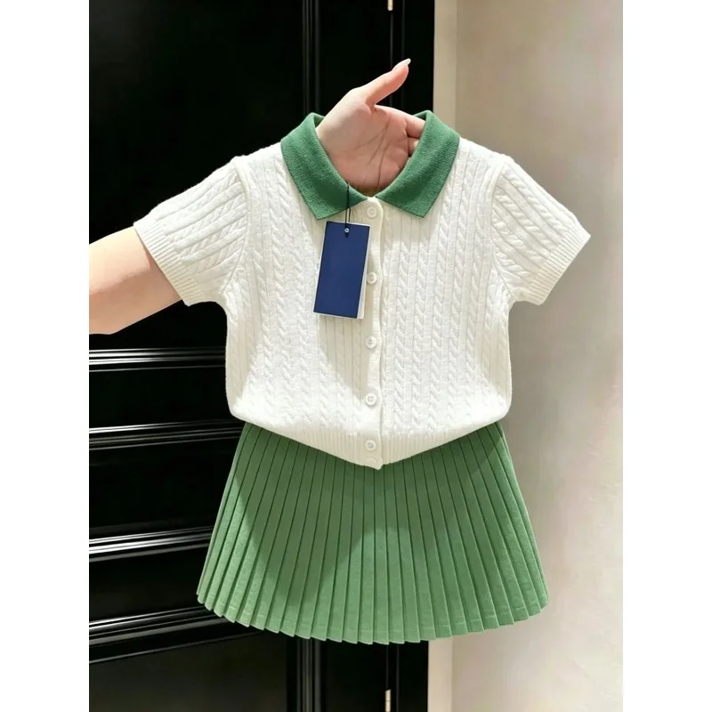 Korean Girls 2026 Summer New White Fried Dough Twists Knitting Short Sleeve Little Girl Green Pleated Skirt