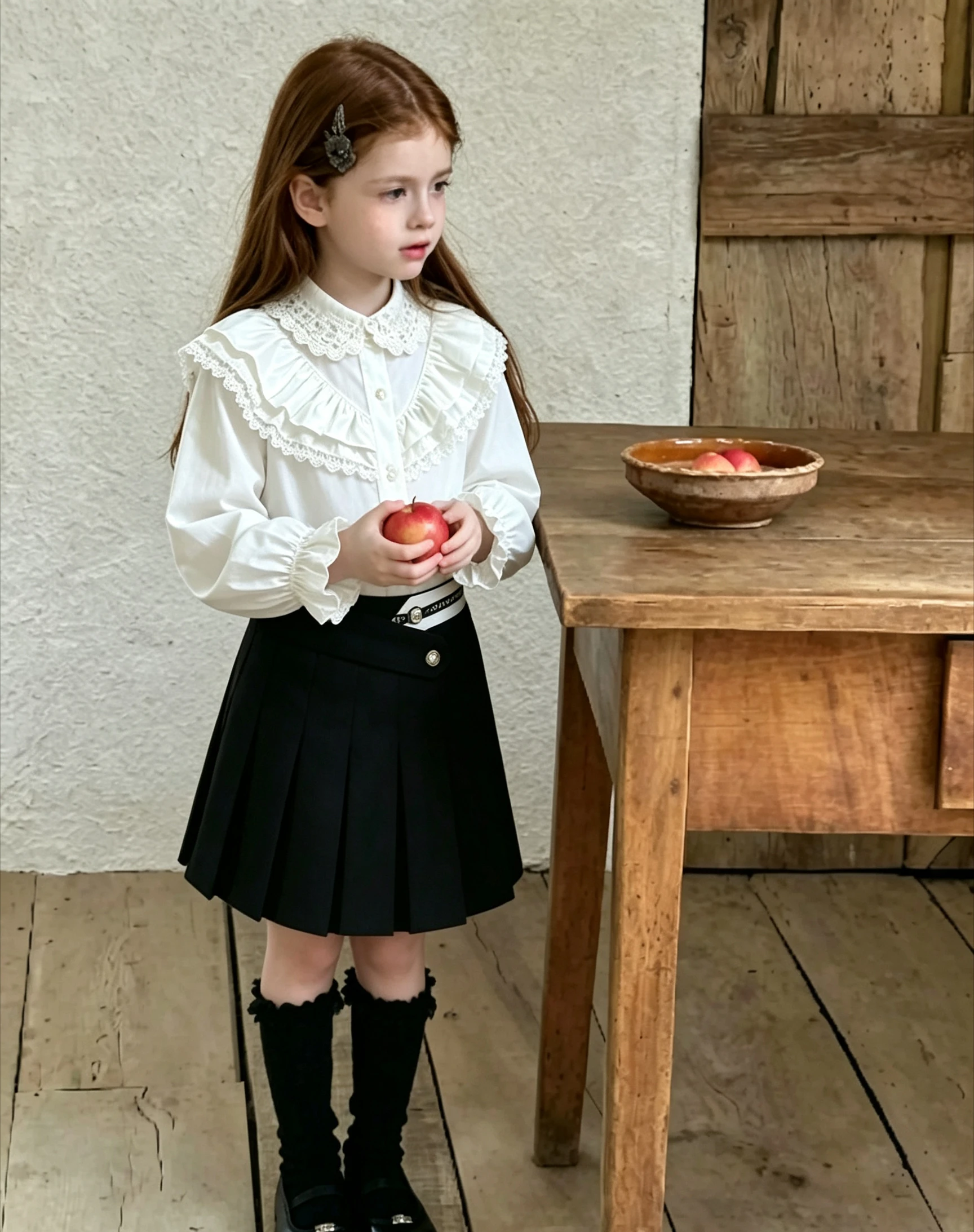 Children's Cotton Shirt Lace White Long Sleeved Spring and Autumn Girls' Preppy Style Student Class Uniform Heavy Industry Top