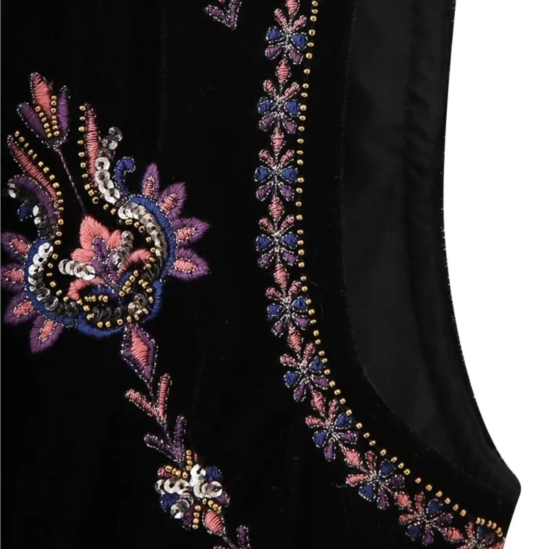 2023 Ethnic Velour Beading Sequin Embroidery Flower Open WaistCoat Women Velvet BOHO Sleeveless Vest Jacket Vacation Loose Tops