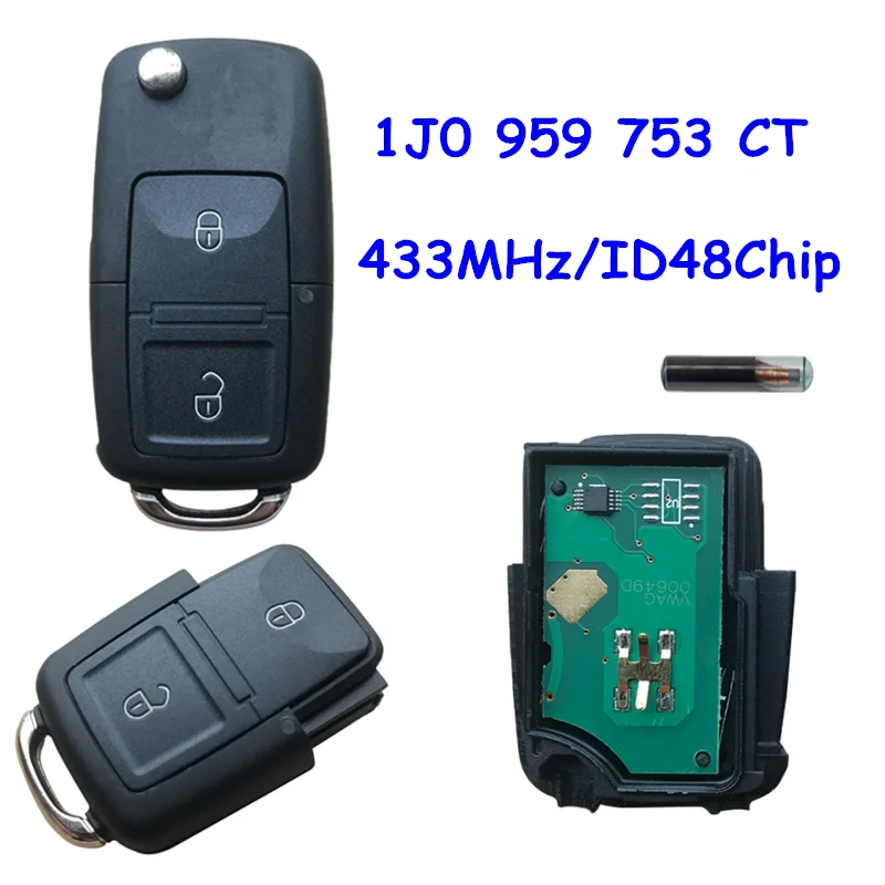 1J0 959 753CT 2 Button 434MHz ID48 Chip Flip Remote Car Key Fob for VW Eos Golf Jetta Polo Touran