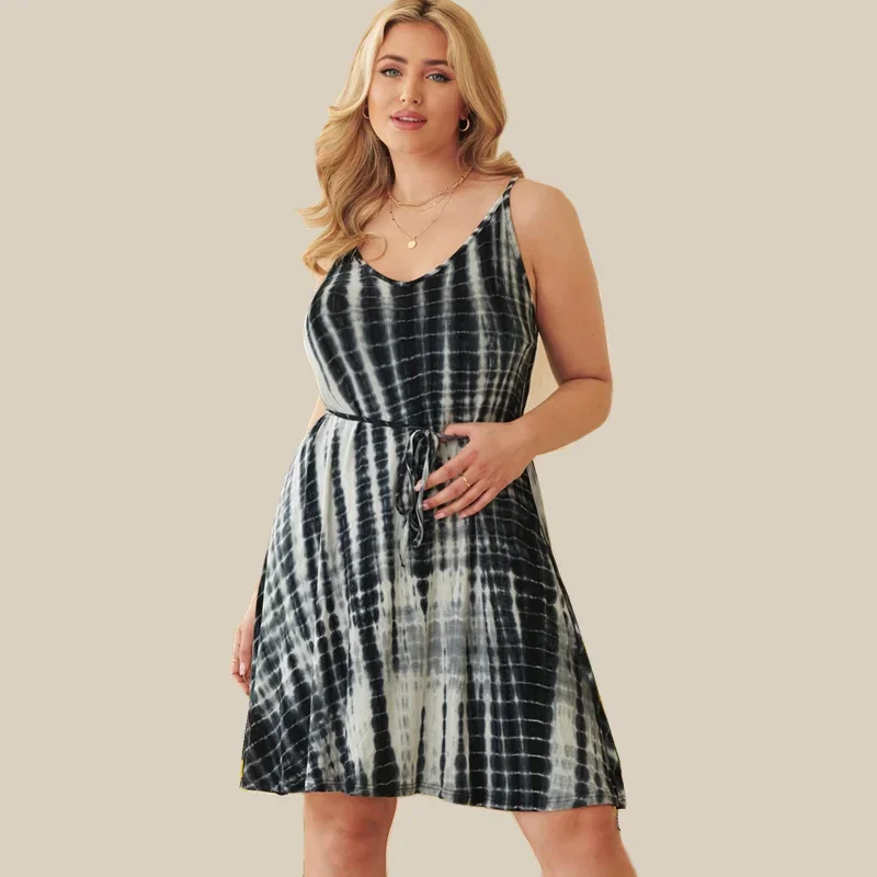 

Plus Size Summer Elegant Tie Dye Dress Sexy V-neck Black And White A-line Dress Large Size Tie Waist Cami Dress For Any Occasion