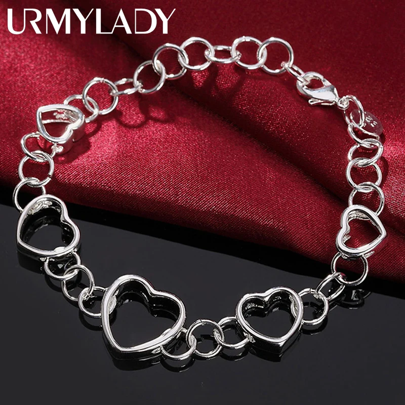 

URMYLADY Fine 925 Silver Full Heart Bracelet Chain Lobster Clasp For Women Fashion Charm Wedding Engagement Party Jewelry